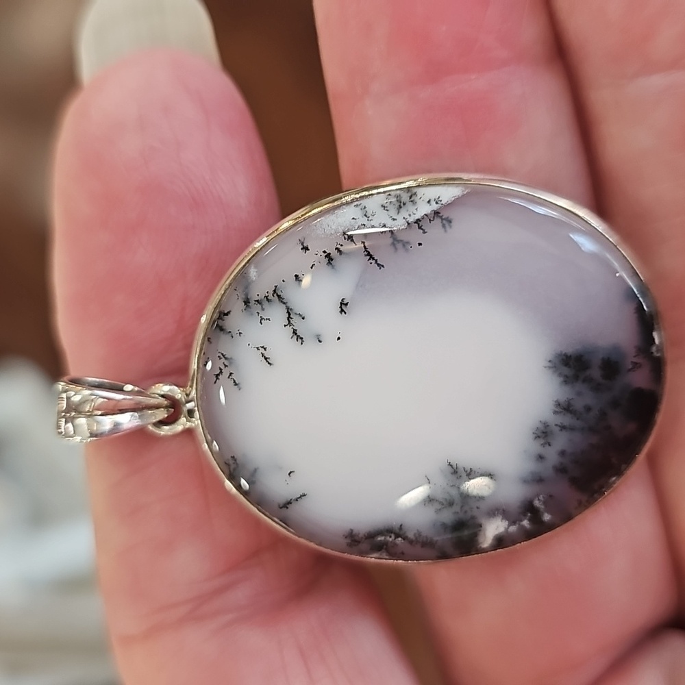 Vintage Dendritic Opal and Overlay Silver Pendant